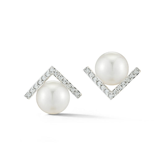 Gold Pearl Studs in Right Angle Design