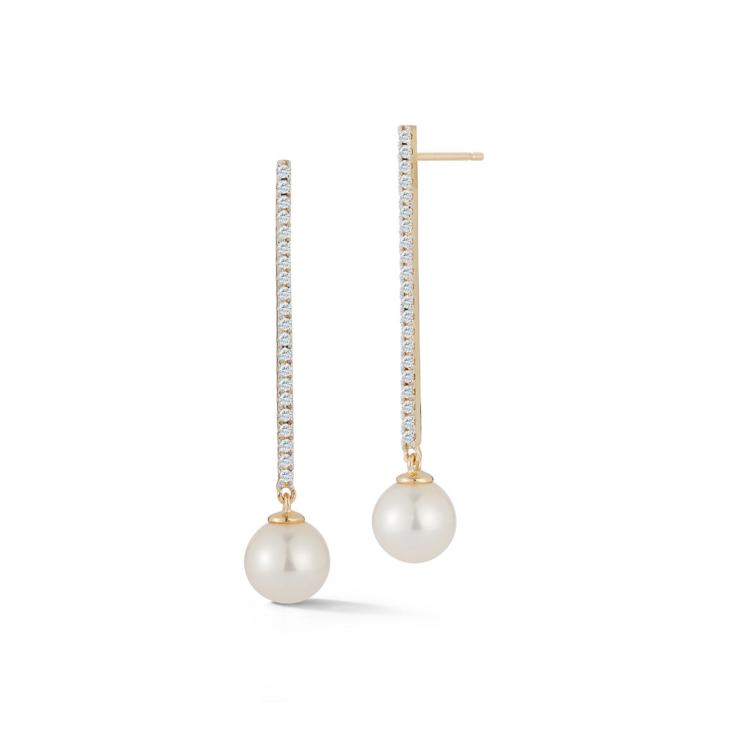 Diamond Bar Earrings with Pearl Drop Design