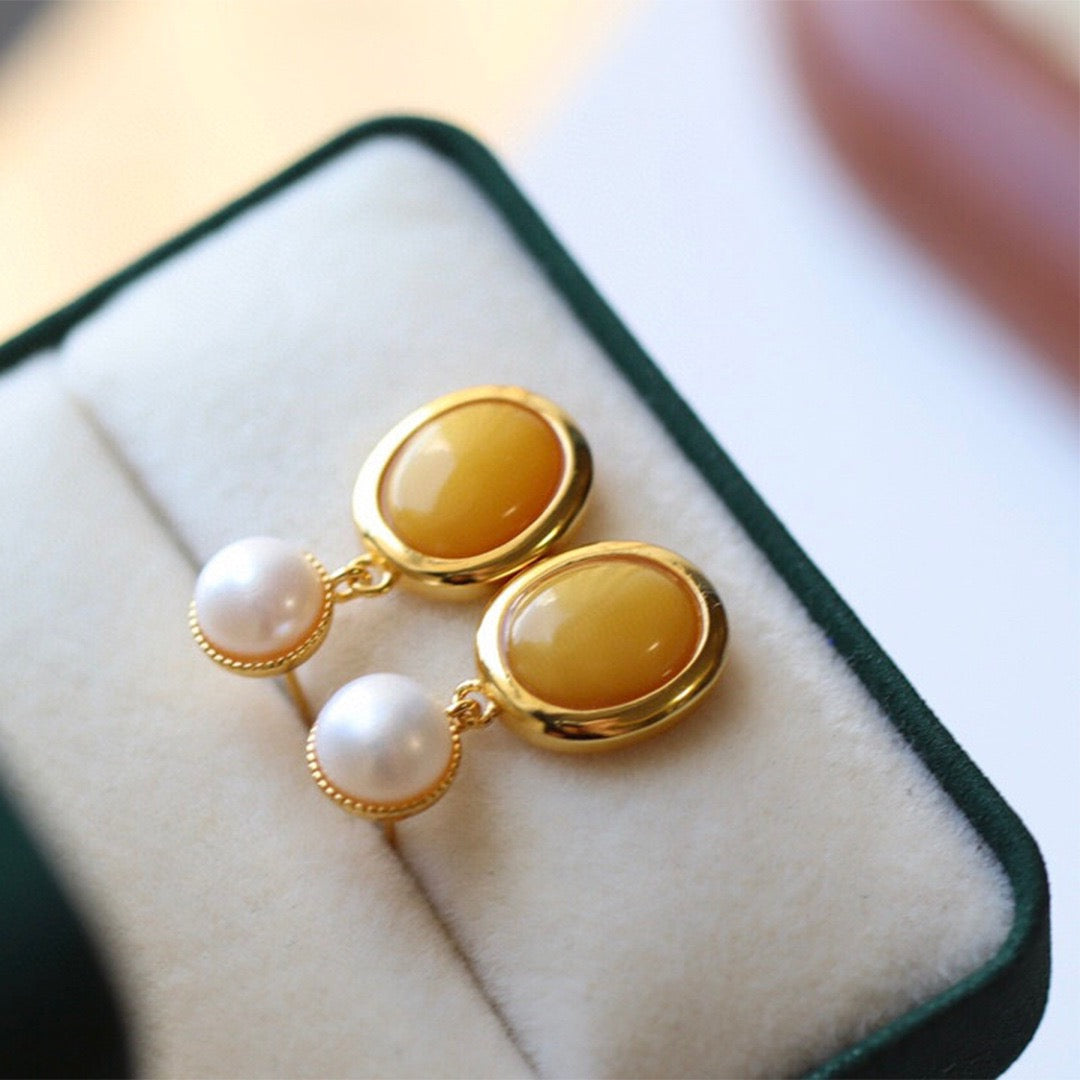 Amber and Pearl Drop Earrings