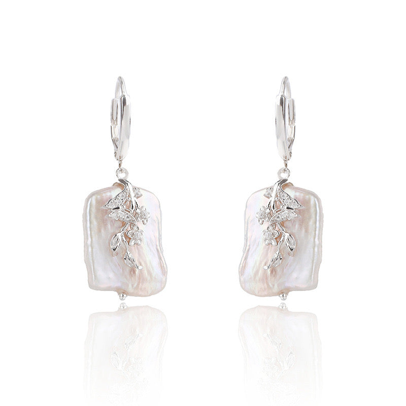 Baroque Freshwater Pearl Leaf Earrings in Silver