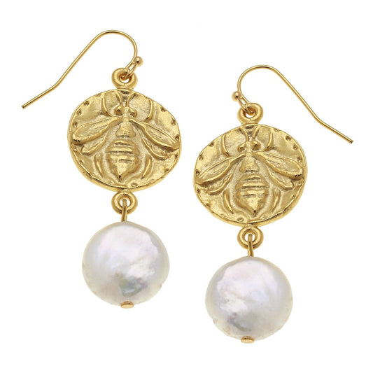 Bee Intaglio Pearl Drop Earrings