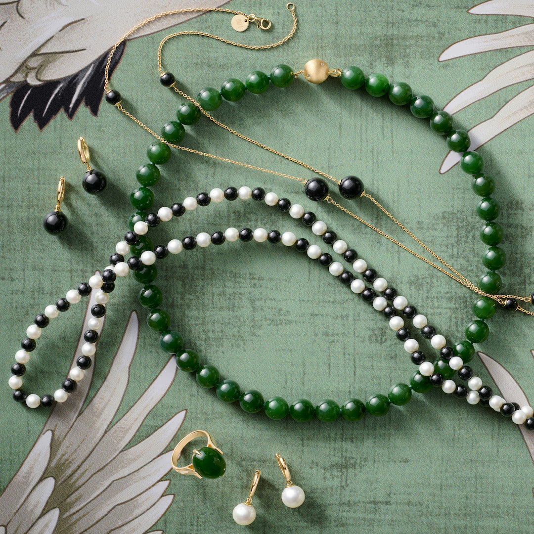 Black Nephrite Jade and White Pearl Necklace