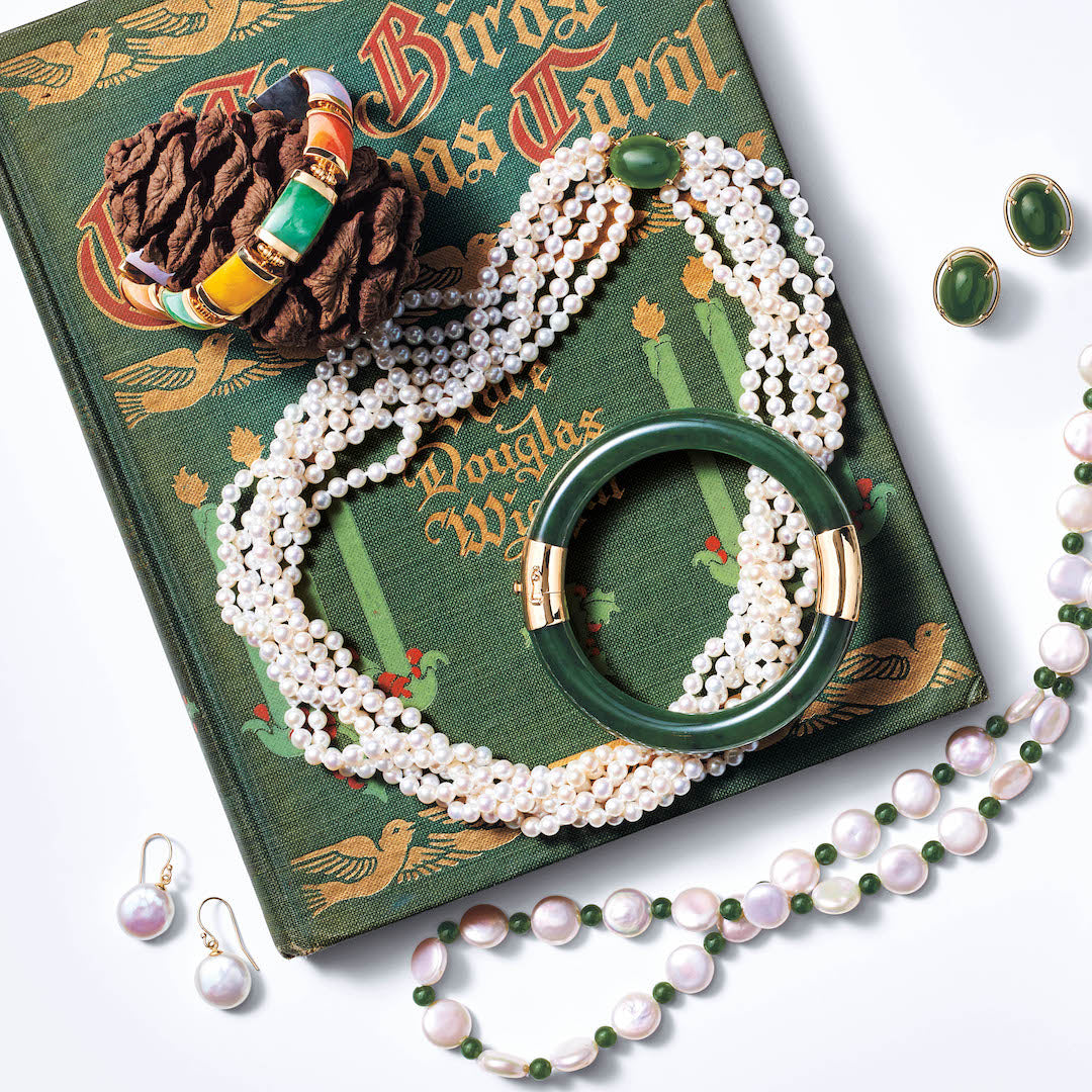 Multi-Strand Pearl and Green Nephrite Jade Necklace