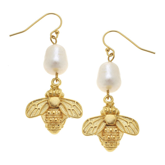 Bee and Pearl Drop Earrings