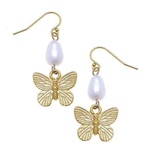 Gold Butterfly and Pearl Tier Earrings