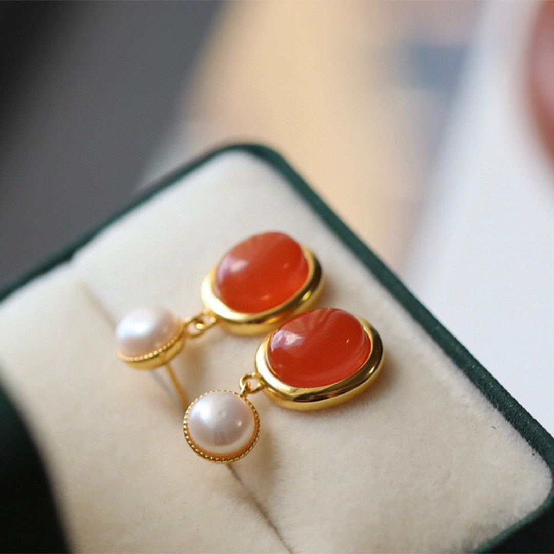 Red Agate and Pearl Drop Earrings