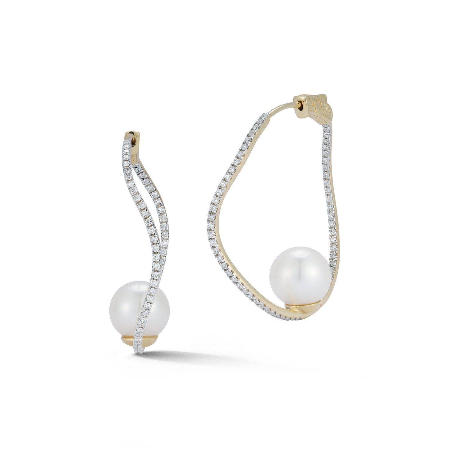 Gold Pearl Wave Diamond Hoop Earrings