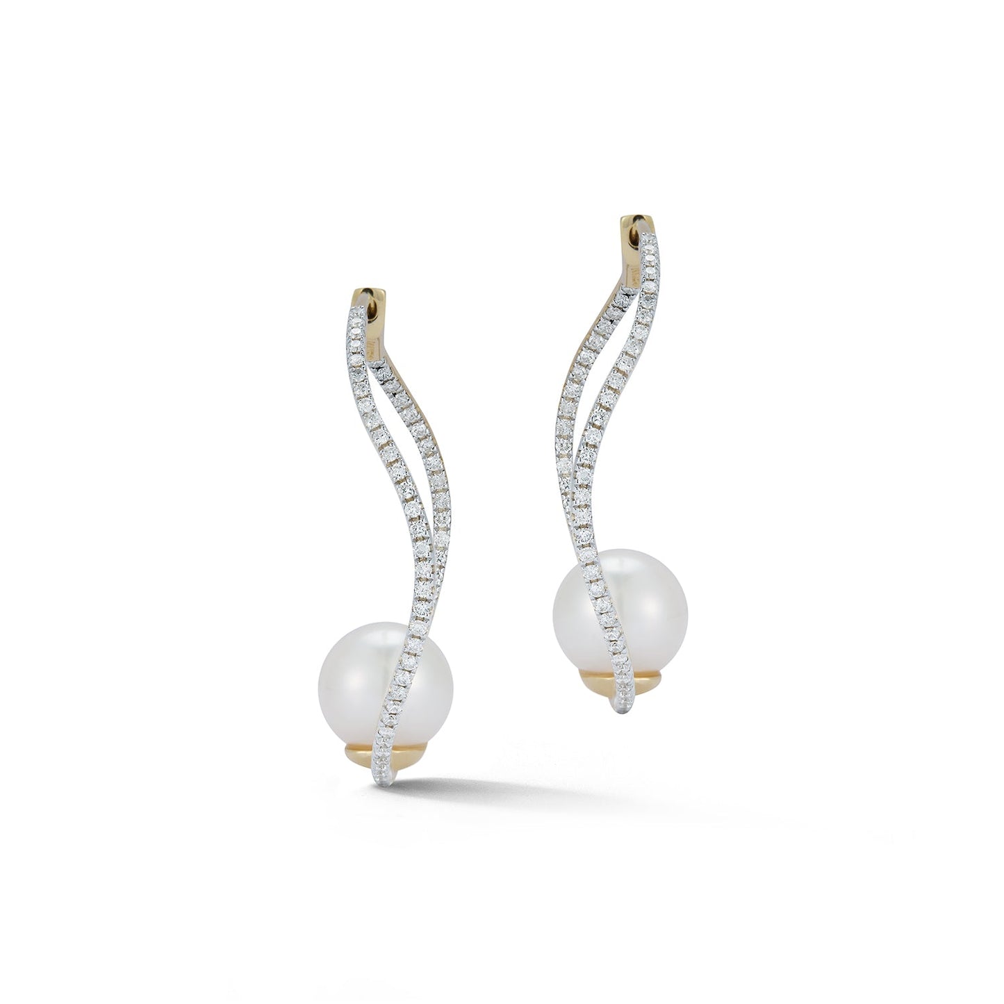 Gold Pearl Wave Diamond Hoop Earrings