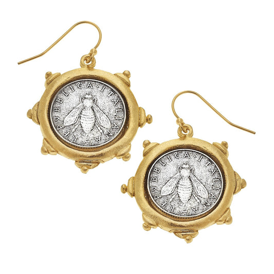 Bee Coin Style Earrings in Silver