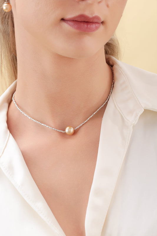 Silver Shards Pendant Necklace with Golden South Sea Pearl