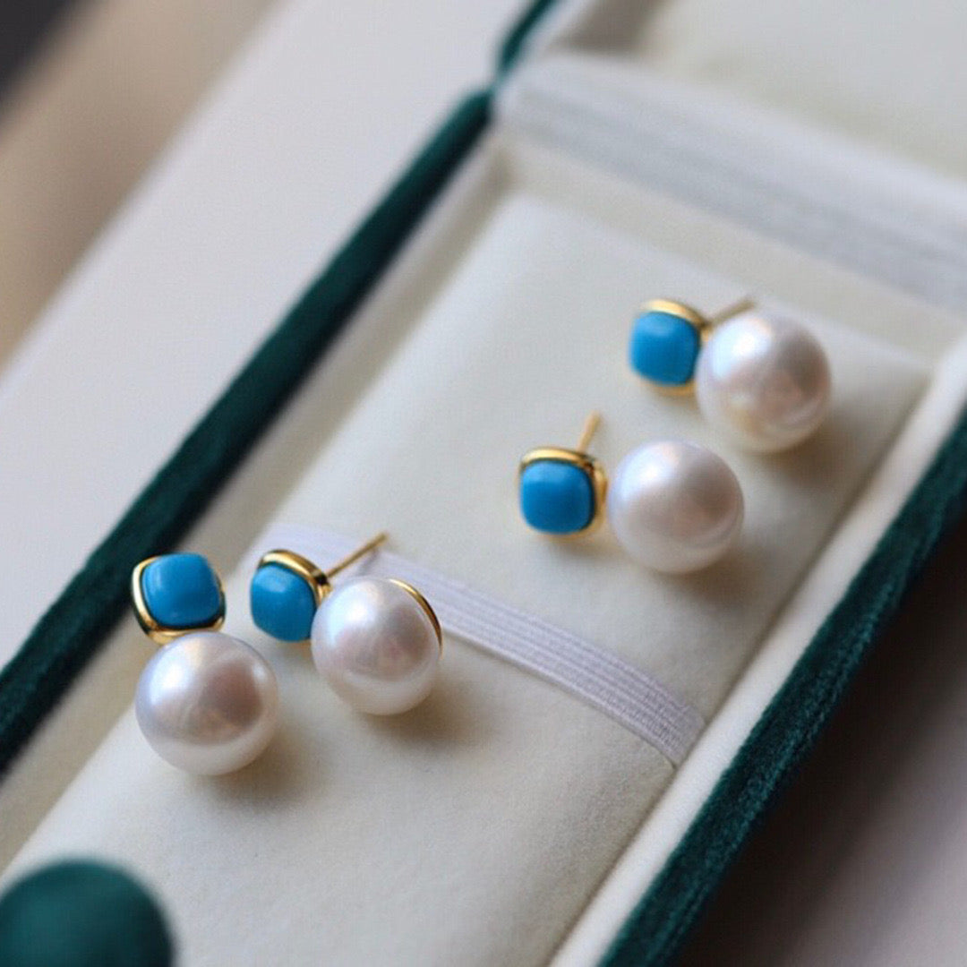 Turquoise and Pearl Stud Earrings for Women