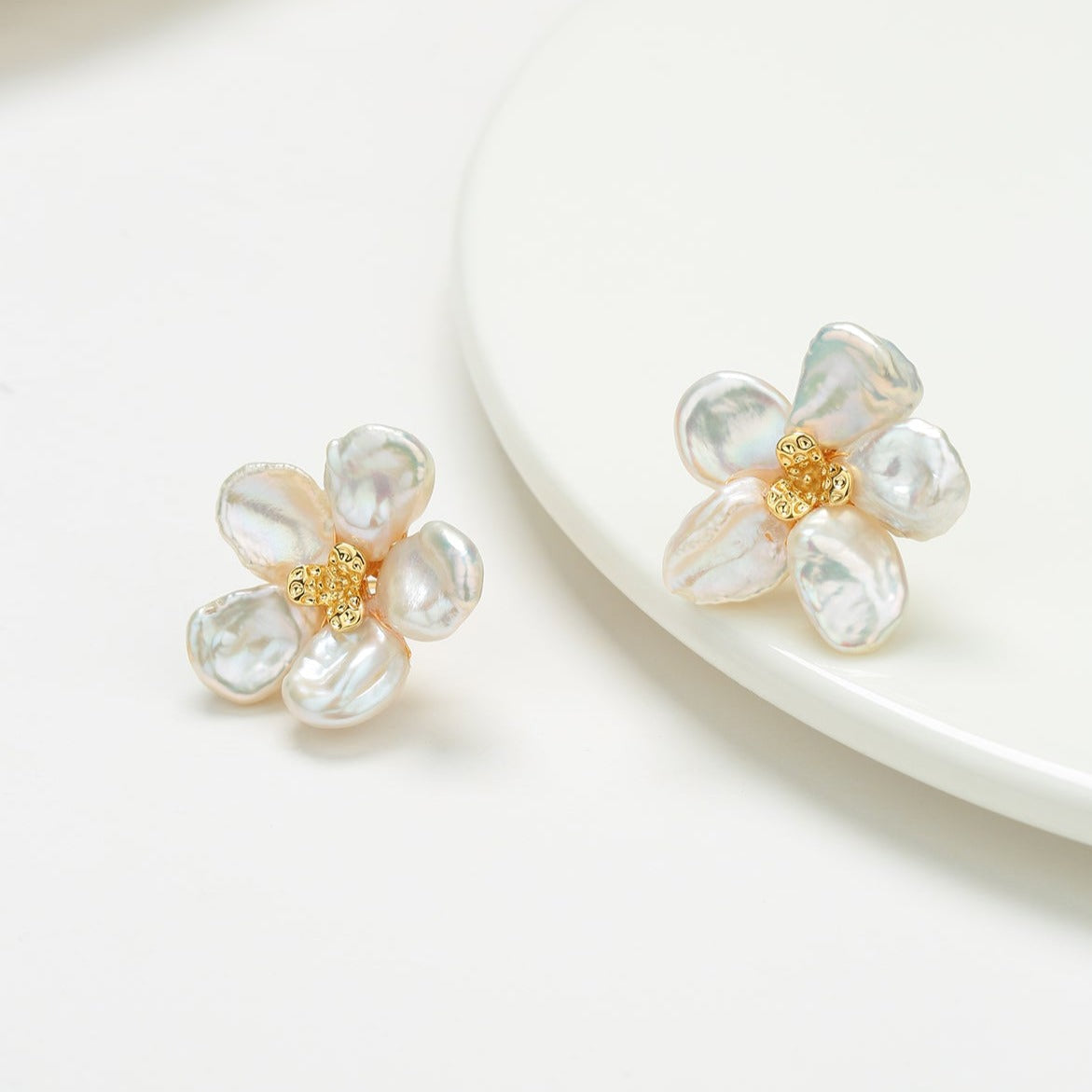 Keshi Pearl Flower Petal Earrings and Ring Set