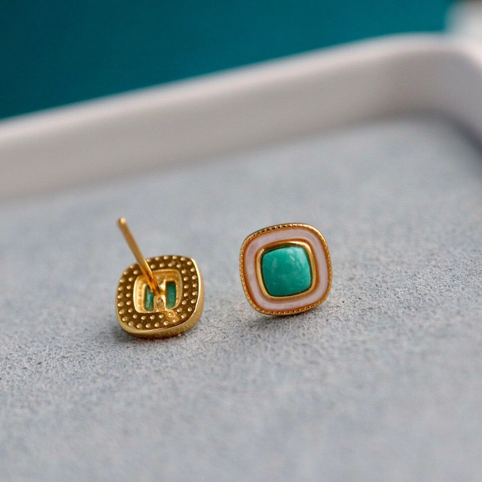 Geometric Stud Earrings with Green Turquoise and Mother of Pearl