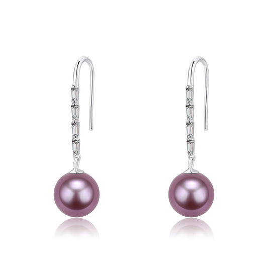 Purple Long Drop Freshwater Pearl Earrings 9-10mm