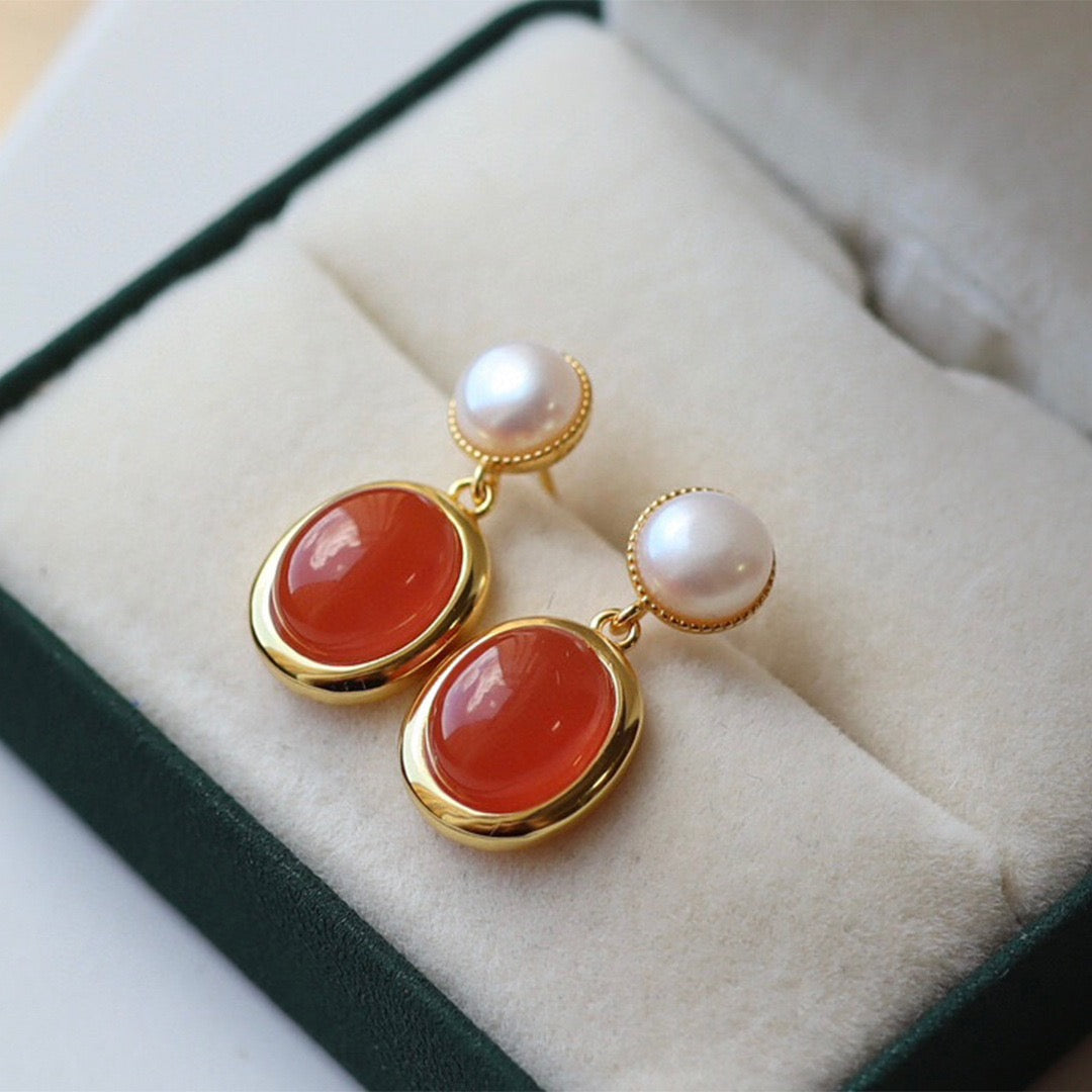 Red Agate and Pearl Drop Earrings