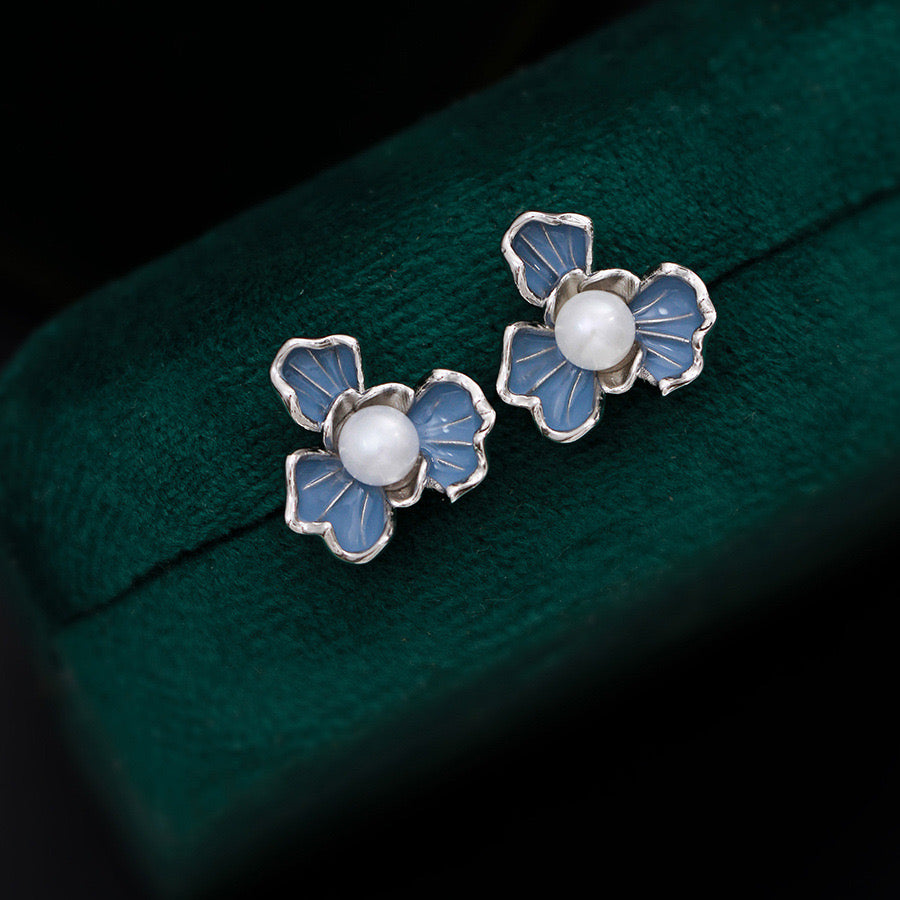 Blue Floral Pearl Earrings 7-7.5mm Size