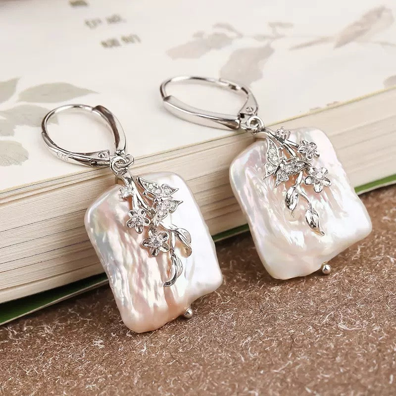 Baroque Freshwater Pearl Leaf Earrings Silver