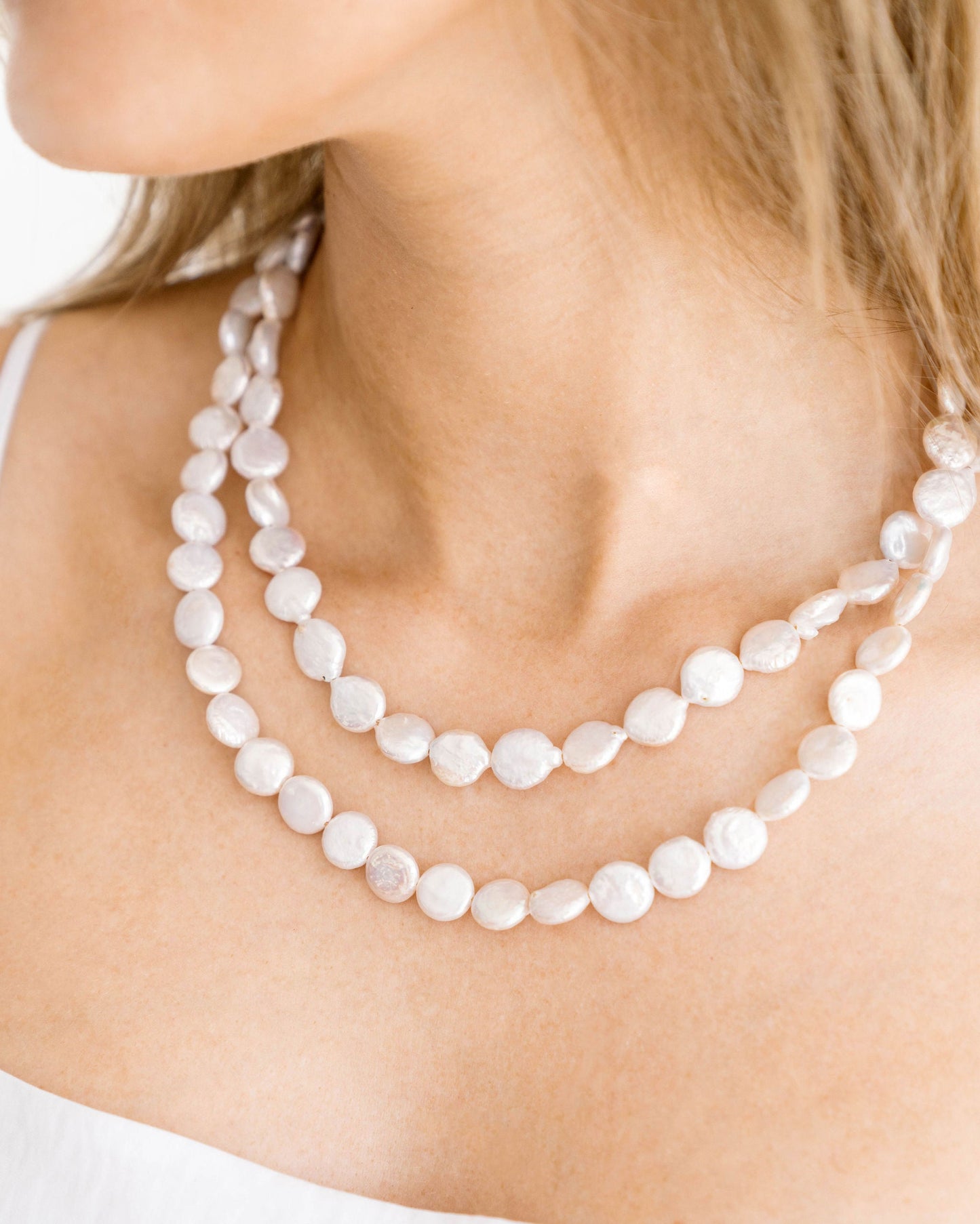 Layered Coin Pearl Necklace in Double Strand Design