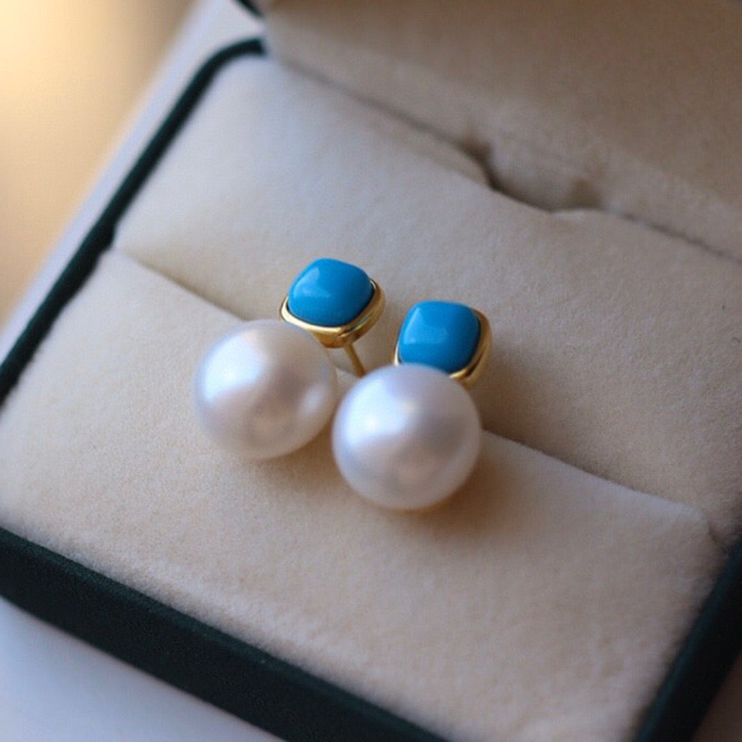 Turquoise and Pearl Stud Earrings for Women