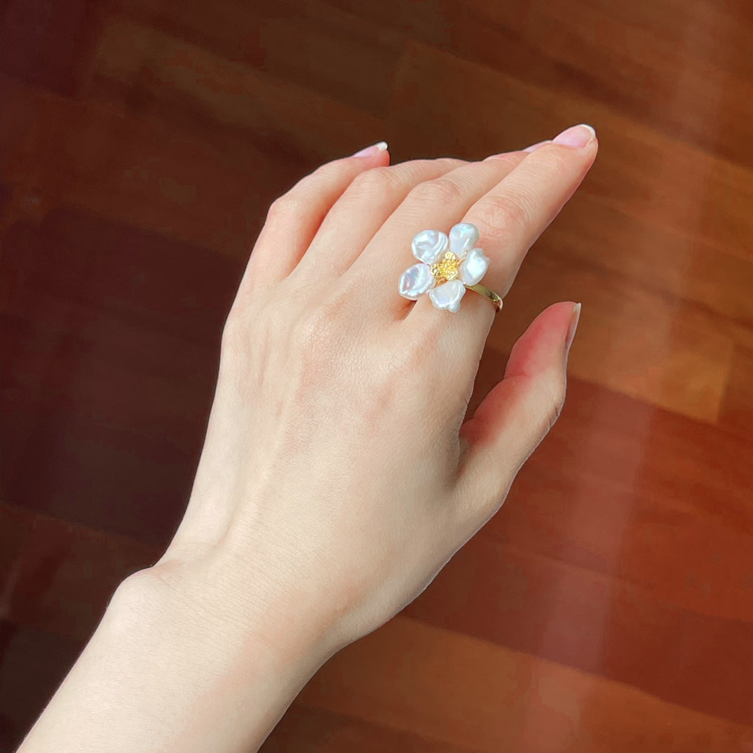 Pearl Flower Petal Earrings and Matching Ring