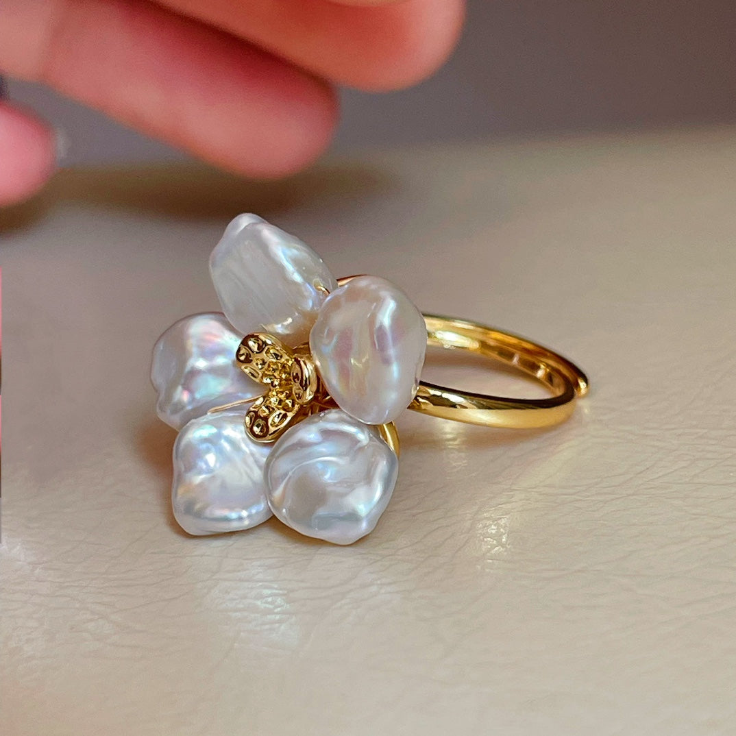 Pearl Flower Petal Earrings and Matching Ring