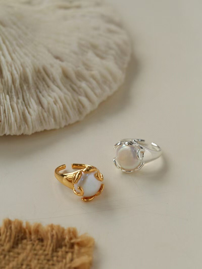 Baroque Pearl Ring with Flower Bud Design 1