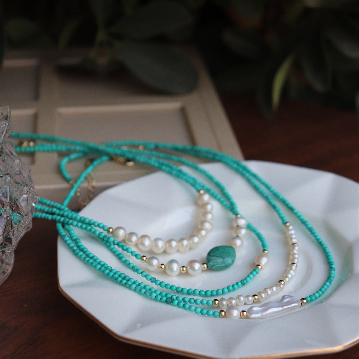 Turquoise and Freshwater Pearl Necklace with Agate Beads