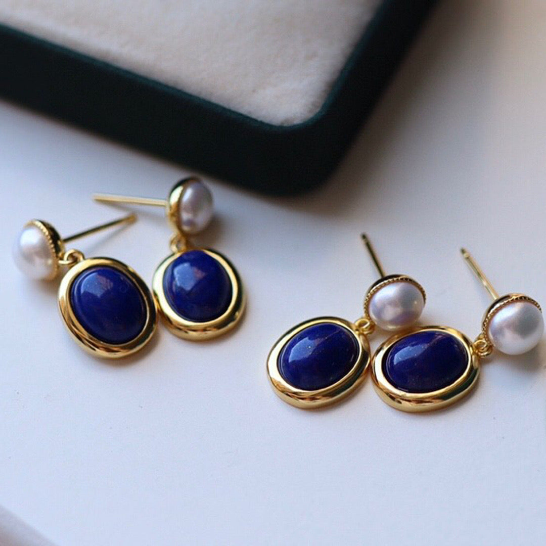 Blue Lapis Lazuli and Pearl Drop Earrings