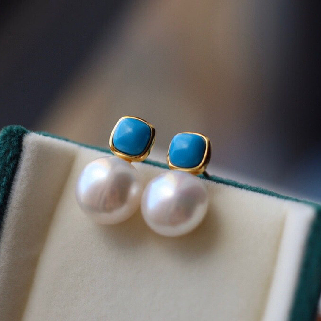 Turquoise and Pearl Stud Earrings for Women