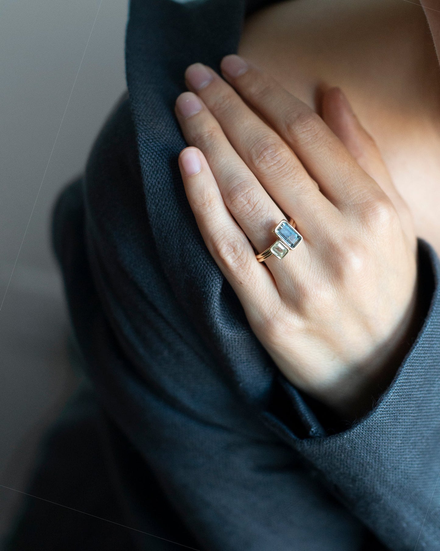 Blue Grey Tourmaline and Diamond Floating Rings