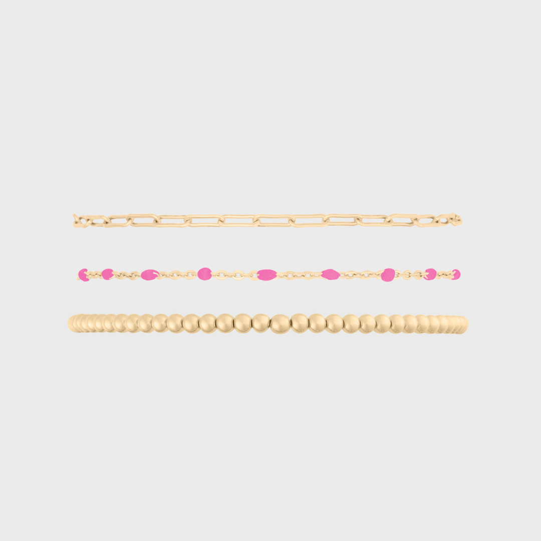 Triple Stack Bracelet with Pink Daisy and Paperclip Design