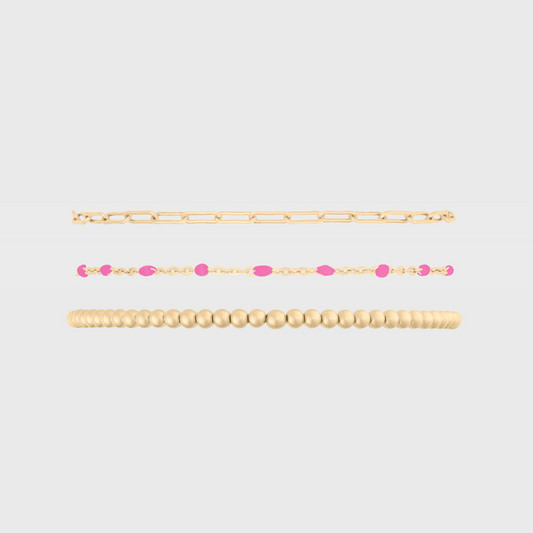 Triple Stack Bracelet with Pink Daisy and Paperclip Design