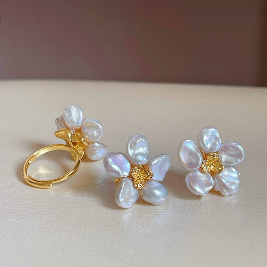 Keshi Pearl Flower Petal Earrings and Ring Set