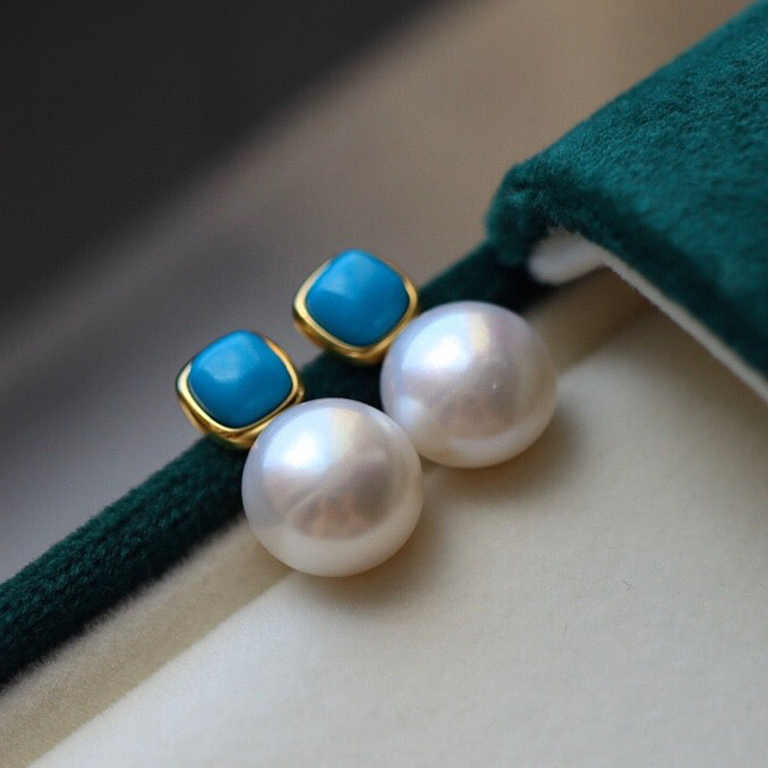 Turquoise and Pearl Stud Earrings for Women