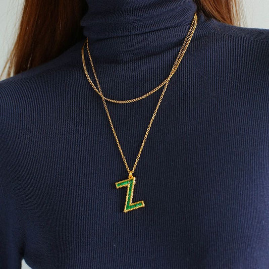 Green Zirconia Letter Necklace for Women