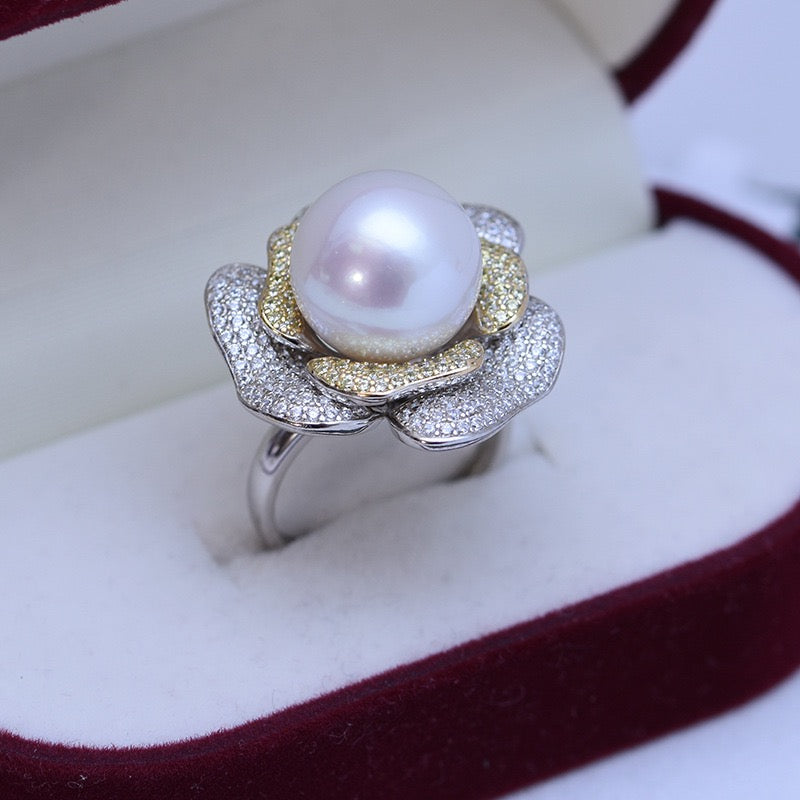 Large Rose CZ Ring with Freshwater Pearls