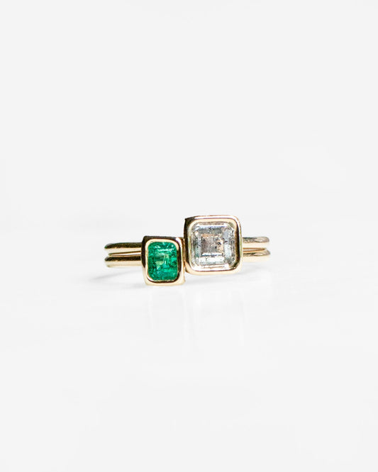 Floating Toi et Moi Rings with 14K Diamond and Emerald