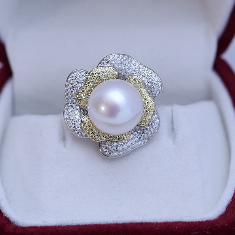 Large Rose CZ Ring with Freshwater Pearls