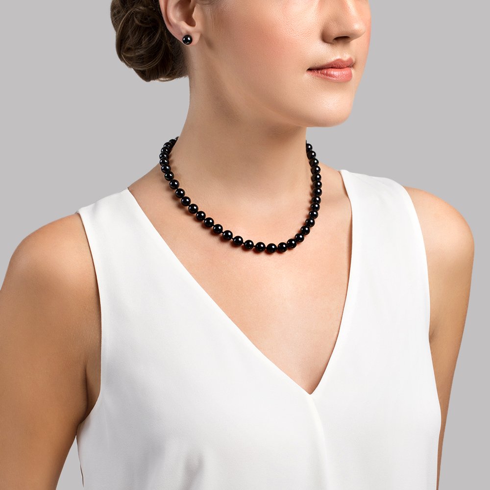 Black Japanese Akoya Pearl Necklace 8.5 to 9 Millimeter