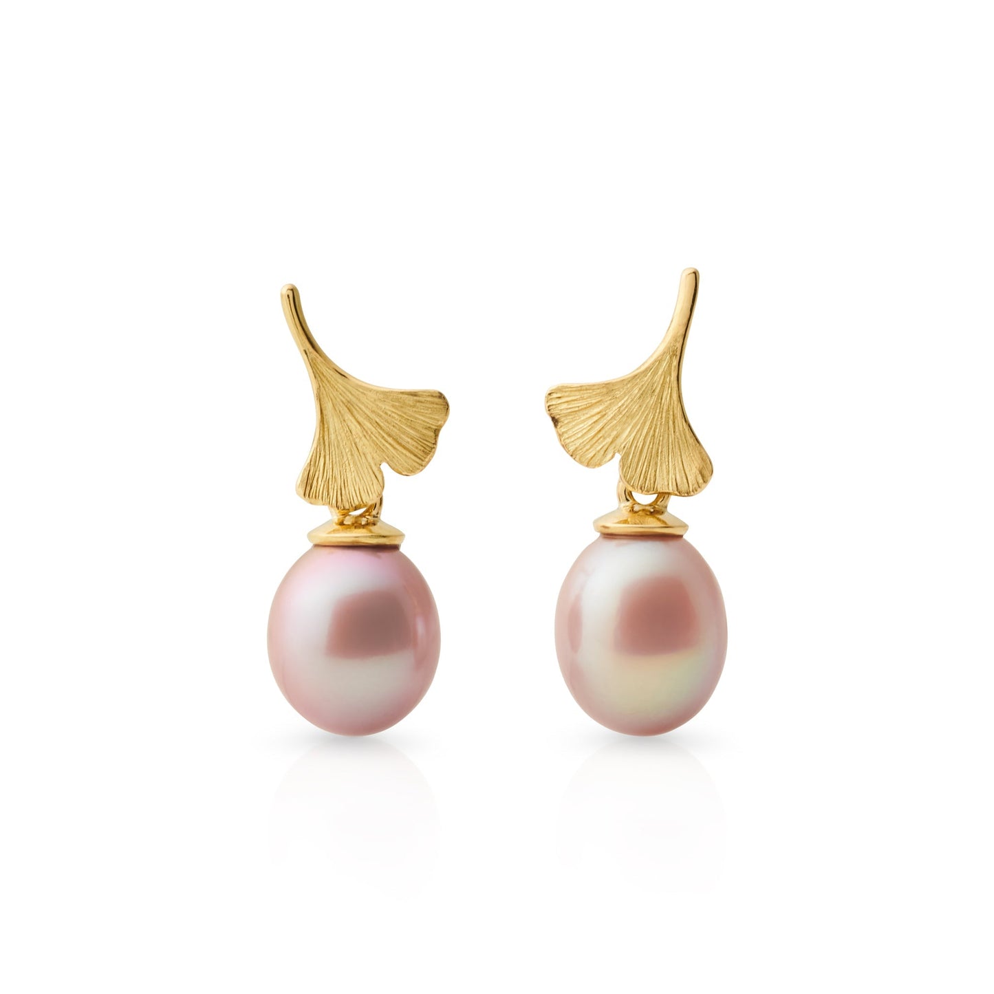 Pink Pearl Drop Earrings with Ginkgo Design