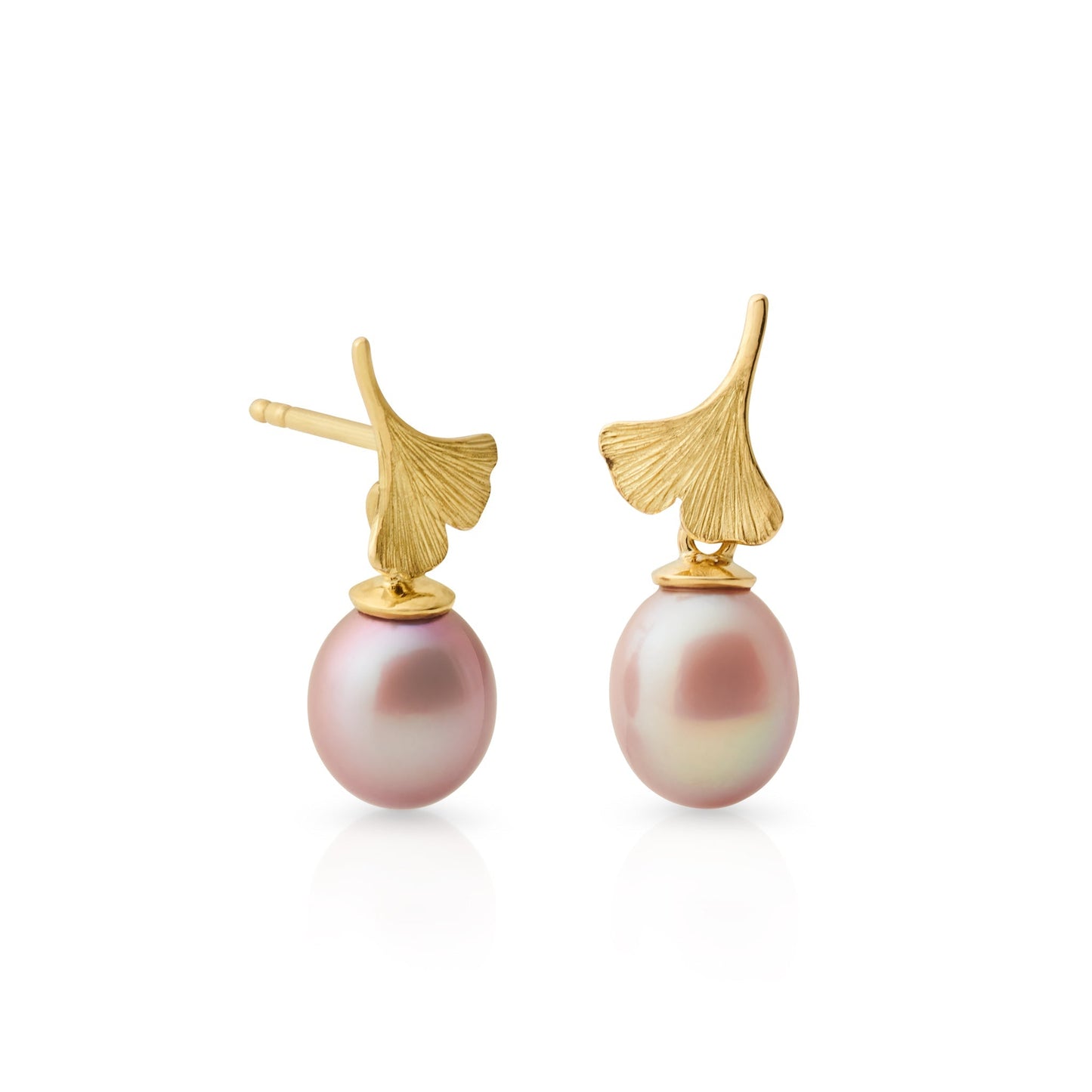 Pink Pearl Drop Earrings with Ginkgo Design