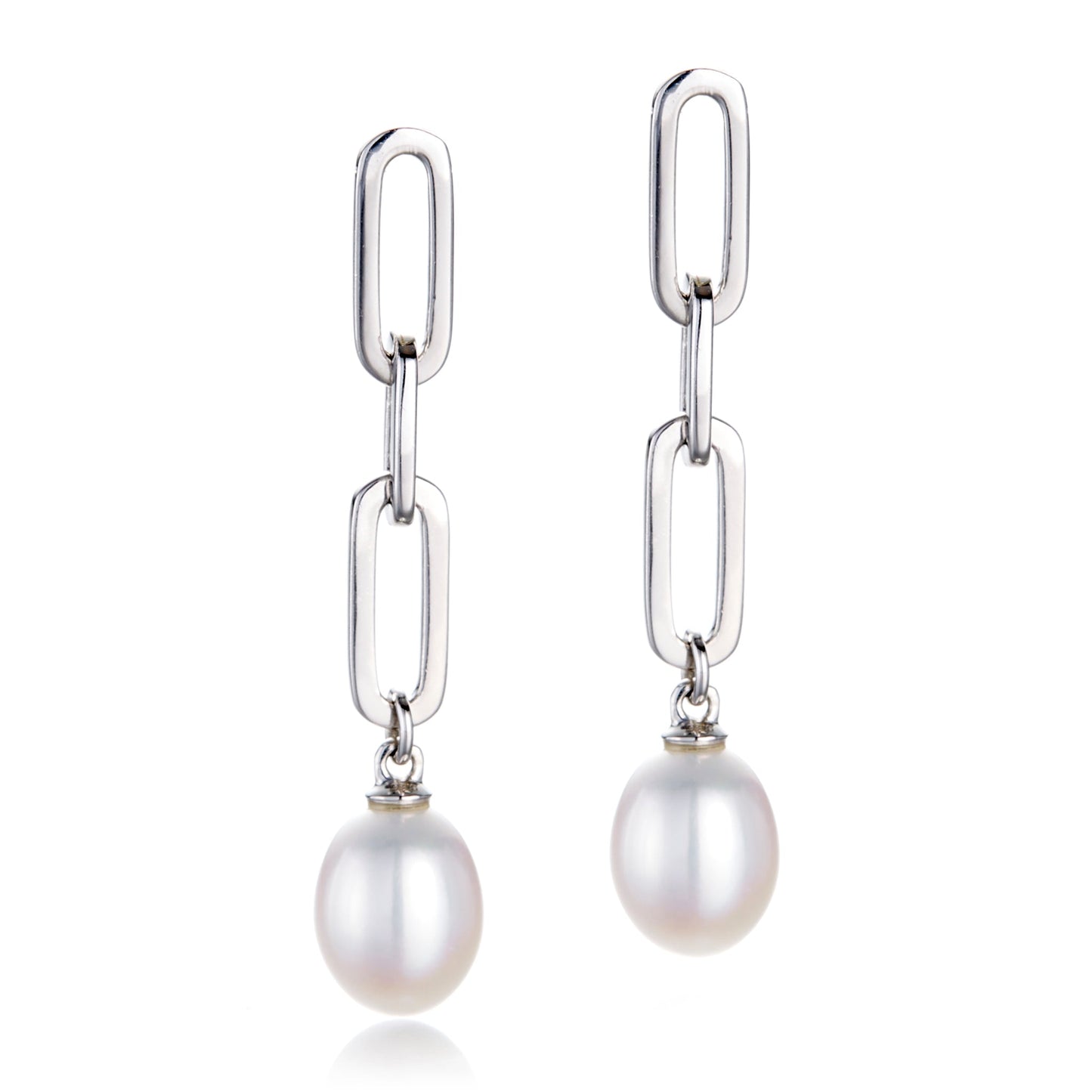 Silver Link Drop Earrings with Pearl Design