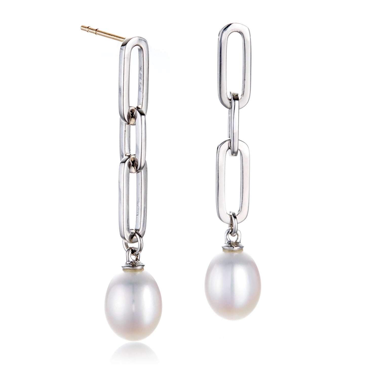 Silver Link Drop Earrings with Pearl Design