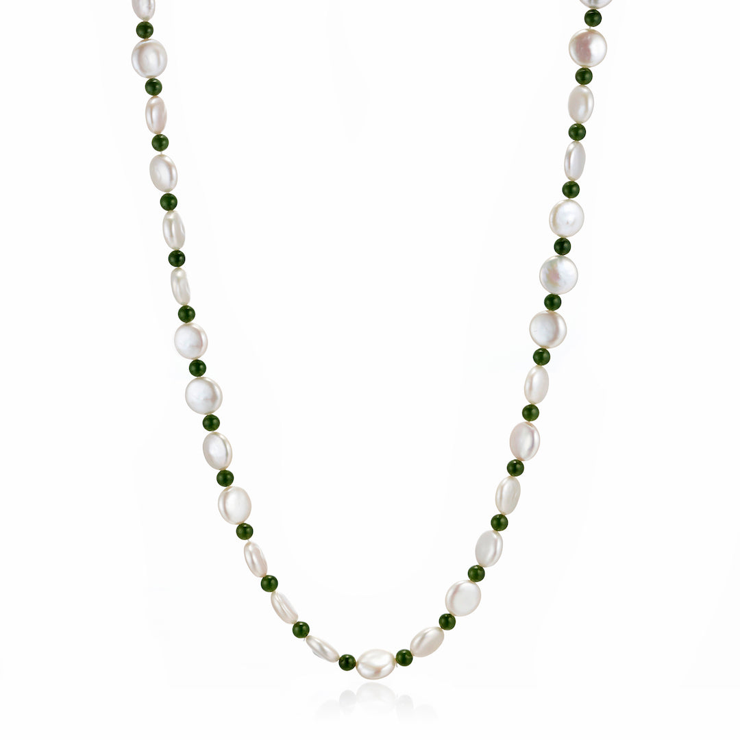 Coin Pearl and Green Nephrite Jade Rope Necklace