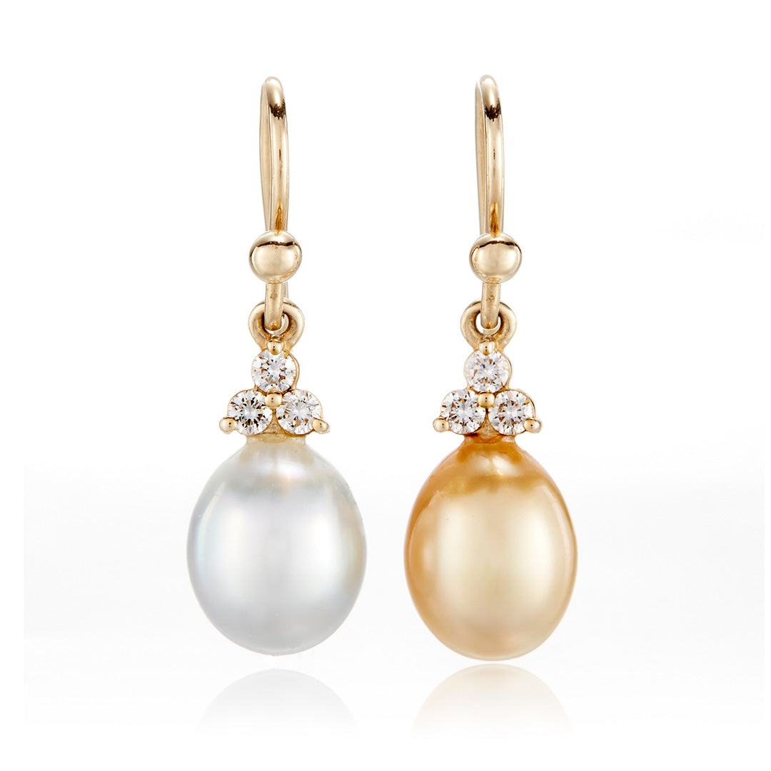 White and Gold Keshi Pearl Drop Earrings with Diamonds