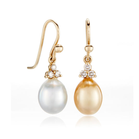 White and Gold Keshi Pearl Drop Earrings with Diamonds