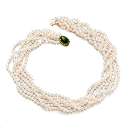 Multi-Strand Pearl and Green Nephrite Jade Necklace