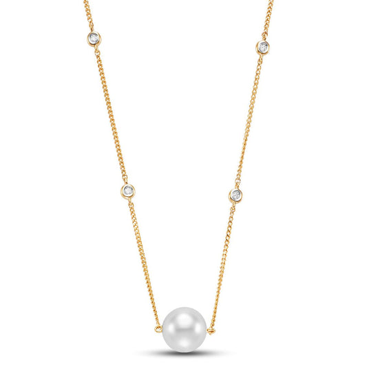 Elegant Pearl and Diamond Station Necklace 8.5mm