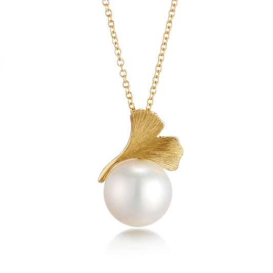 White Pearl Ginkgo Pendant Necklace