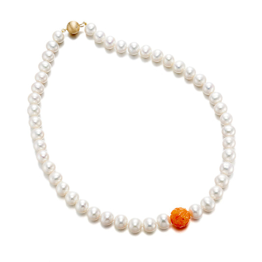 Pearl and Orange Jade Dragon Ball Necklace 8.5mm